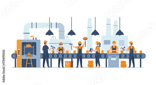 Dedicated workers efficiently operate modern assembly line producing goods in bright, clean factory setting