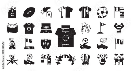 A comprehensive collection of black silhouette icons representing various elements of football and sports, perfect for design projects and digital media.
