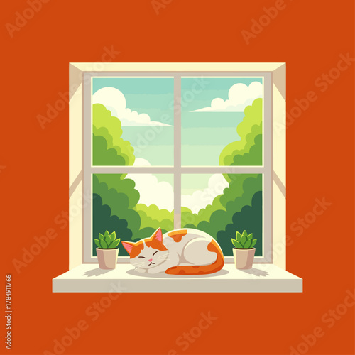 Cute cat sleeping on window sill icon flat vector design.