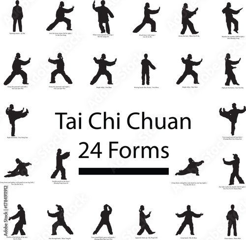 Tai Chi Chuan 24 Forms, silhouette, vector, people, woman, sport, yoga, exercises, exercise, playing