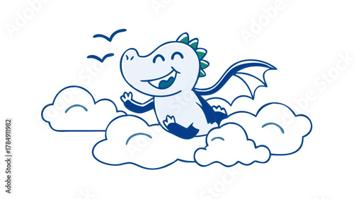 A little dragon flapping tiny wings above clouds, smiling in a bright sky.