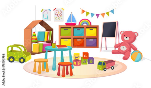 Kindergarten room. Kid school classroom. Nursery play table for preschool. Elementary class. Toys and cars on carpet. Game furniture. Daycare playroom. Children interior. Vector background