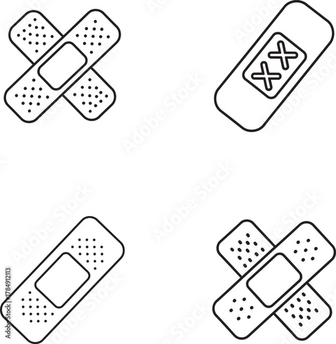 Collection of hand drawn bandage icons representing first aid and minor injury treatment