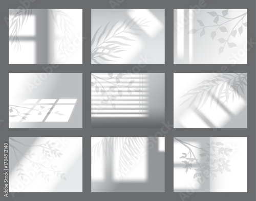 Window and plant shadow. Overlay effect collection. Transparent natural sunlight, frames with botanical leaf elements, tropical palm leaves. Room wall, jalousie shade vector background set