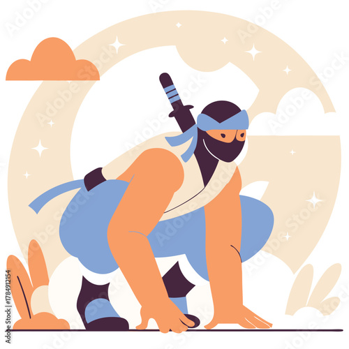 Stealth Ninja in Crouching Pose with Katana on Back Modern Flat Vector Illustration Concept Isolated. Traditional Japanese Warrior in Action