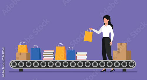 Professional woman efficiently managing products on a conveyor belt for seamless distribution and delivery operations