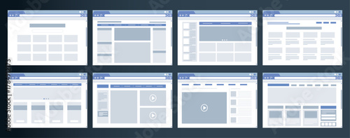 Browser window. Internet website icon. Example of flat web layout. Chat page header. Sitemap interface. Webpage banner prototype. News homepage. Search bar. Vector design templates set