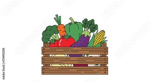 Vibrant fresh vegetables overflowing from a rustic wooden crate, bursting with natural goodness and farm-to-table appeal