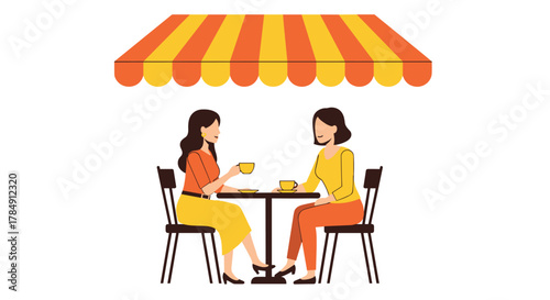 Two friends enjoying coffee conversation at a charming outdoor cafe under a striped awning, capturing a moment of connection and relaxation