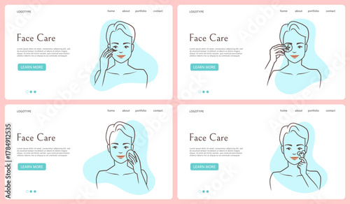 Face care landing page. Beauty routine. Website template. Woman applying moisturizer. Cosmetic cleanser and lotion. Skincare procedure. Line drawing. Girl head. Vector backgrounds set