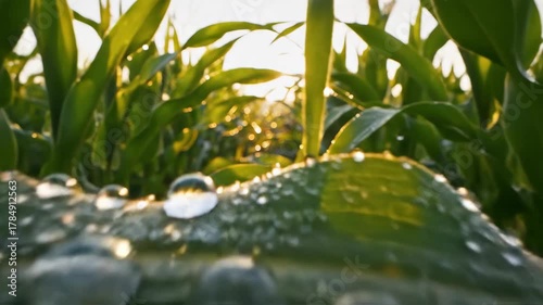 Cornfield leaf droplets cling to its surface backlit by sunshine creating a serene natural scene