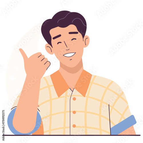 Happy Man Giving Thumbs Up Sign with Beige Plaid Shirt Vector Flat Illustration. Confident Smiling Male Character Approving Concept