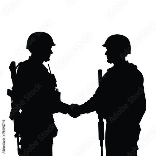 Two silhouetted soldiers in uniform shake hands against a white background