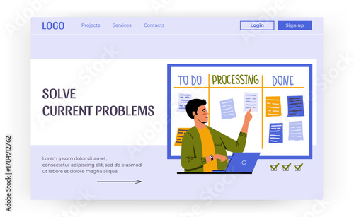 Business people planning. Time management landing page. Kanban schedule. Agile agenda. Tasks and deadlines at whiteboard. Goals organizer board. Website design template. Vector background