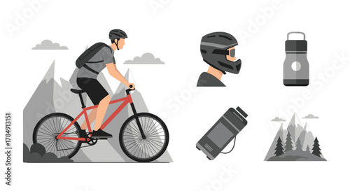 Dynamic mountain biker conquers rugged terrain with helmet and water bottle, showcasing adventure and extreme sports spirit