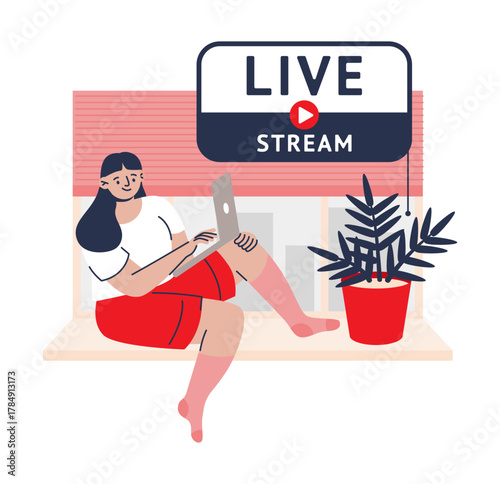 Live stream. Woman listening to online blog broadcast. Web podcast streaming. Girl with laptop on windowsill. Livestream vlog. Internet technology. Social media service. Vector concept