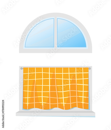Window blind. Curtain drapery at wall. Home room. Arc glass. Architecture construction. House windowsill. Cozy textile drape. Jalousie cover. Windowpane frame. Vector interior element
