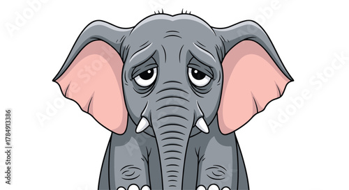 Heartbreakingly sad cartoon elephant with droopy eyes conveying deep sorrow and loneliness