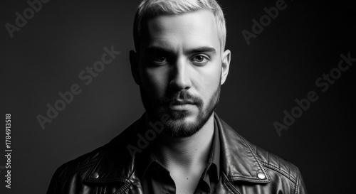 Dramatic black and white male portrait. Confident young Caucasian adult with bleached hair and beard. Modern masculinity and urban fashion style. Intense gaze for a brand campaign