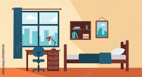 Cozy student dorm room setup with desk, bed, and city view window ideal for study and relaxation