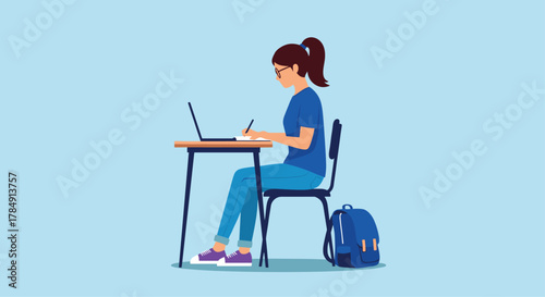 Focused student diligently studying and writing at desk with laptop and backpack, embracing modern education and learning
