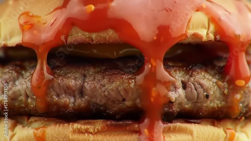 Burger with sauce dripping close up.