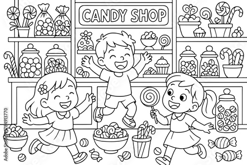 hand drawn vector doodle illustration of Candy Shop coloring page for kids line art
