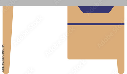 Simple illustration of a wooden desk with a drawer, presented in a flat design style.