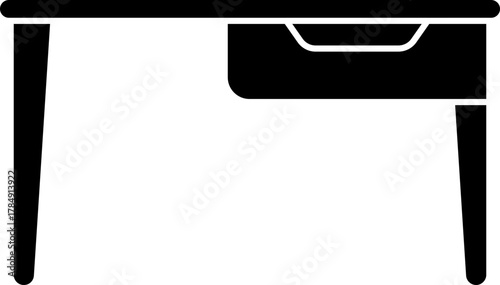 A black and white graphic illustration of a desk with a drawer unit on the right side and a single leg on the left.