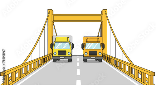 Two colorful trucks driving across a bright yellow suspension bridge symbolizing logistics and transport solutions