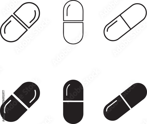 Set of capsule icons in outline and solid black for medical and pharmaceutical concepts