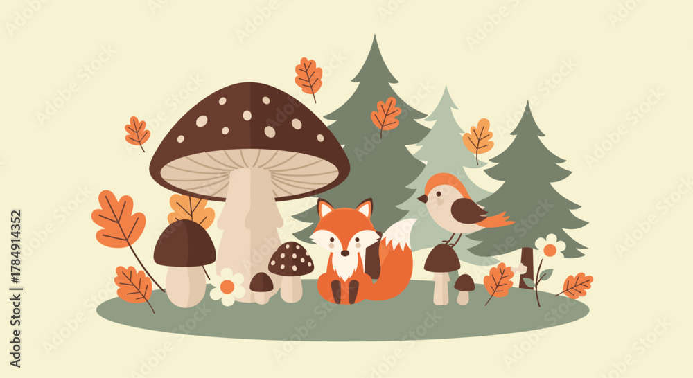 Obraz premium Whimsical forest scene with a cute fox, bird, and mushrooms creates a charming autumn woodland atmosphere for creative projects
