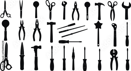 Hand tool silhouette collection, pliers, scissors, hammer, and screwdriver vector set for workshop, repair, and mechanic design, cad drawing flat vector illustration
