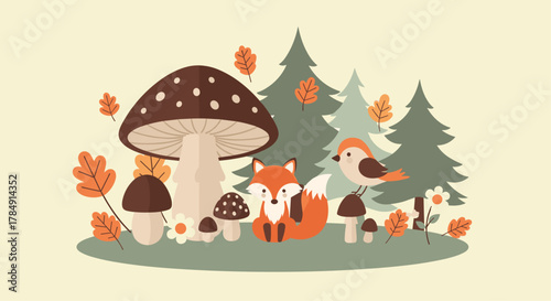 Whimsical forest scene with a cute fox, bird, and mushrooms creates a charming autumn woodland atmosphere for creative projects