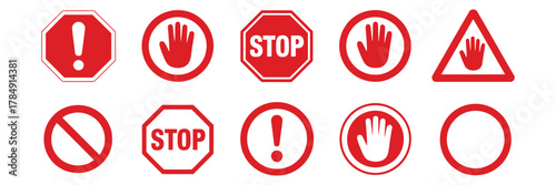 Red Stop Sign Icon Set – Do Not Enter, Warning and Danger Symbols, Flat Vector Illustration for Safety, Traffic and Alert Design