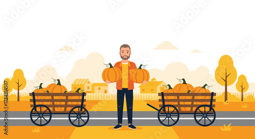 Farmer proudly displays bountiful pumpkins beside loaded harvest carts in a charming autumn countryside scene