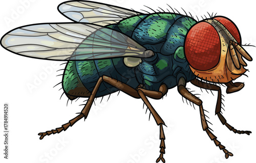 Realistic cartoon housefly, detailed insect illustration, red eyes and wings, educational bug vector, segmented body design, entomology concept, fly anatomy
