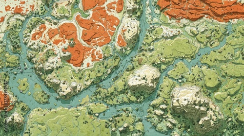Artistic Topographic Map of a River Landscape with Green and Red Terrain Features