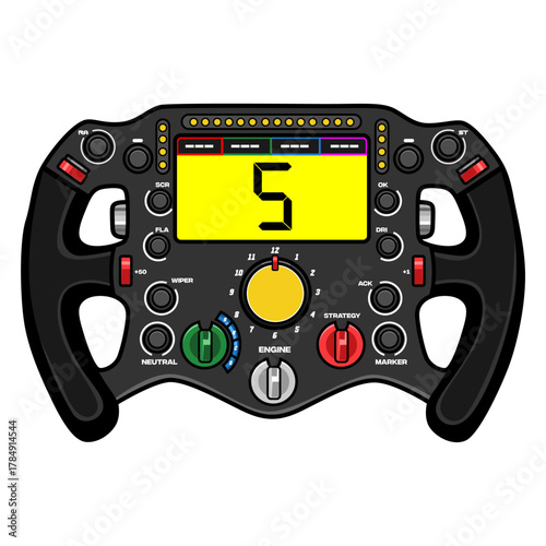 Illustration design of a steering wheel for a Le Mans 24 Hours racing car complete with buttons