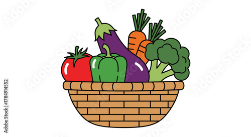 Vibrant basket overflowing with fresh, healthy vegetables like carrots, broccoli, eggplant, tomato, and bell pepper ready for cooking