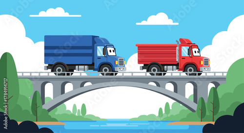 Cheerful cartoon trucks travel across a scenic bridge over a tranquil river, bringing joy and movement to your projects