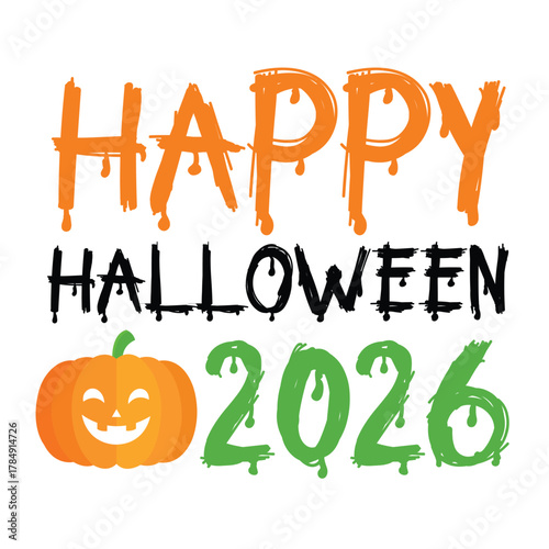 Happy Halloween 2026 Vector Illustration with Cute Pumpkin and Dripping Font