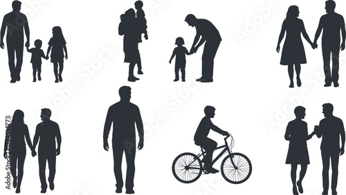 Family and couple silhouette collection, people walking and interacting vector illustration, parents with children, lifestyle and relationship concept, cad drawing flat vector illustration