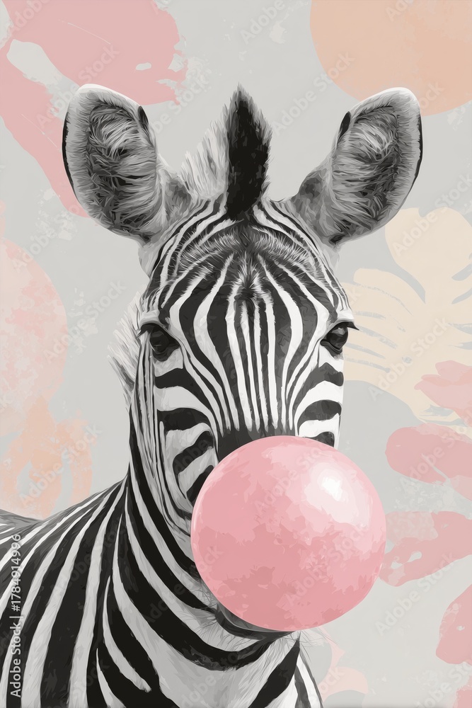 Naklejka premium Zebra Blowing a Big Bubble Gum With Pastel Stripes in the Background