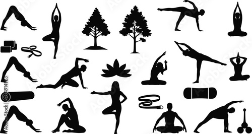 Yoga pose silhouette collection, fitness exercise meditation vector design, flexibility and wellness icons, nature and relaxation concept art, cad drawing flat vector illustration
