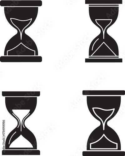 Four black silhouette hourglass icons representing time passing and measurement