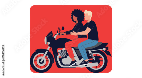 Young couple embracing on a motorcycle, experiencing freedom and adventure on a vibrant red background with modern style