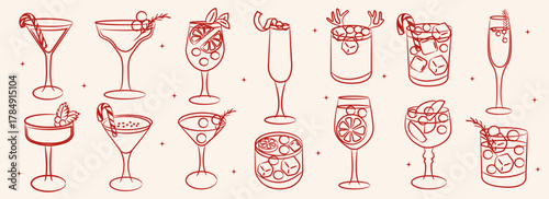 Christmas cocktail doodle set. Minimal line art holiday drinks illustrations. Festive cocktails, wine glasses, and champagne for Invitations, menus.
