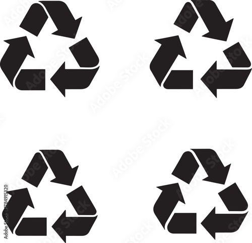 Four black recycling symbols with a textured hand drawn appearance on a white background