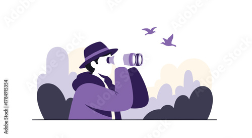 Curious explorer with binoculars observes distant birds against a stylized landscape, seeking new horizons and opportunities
